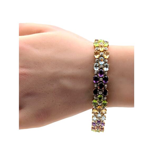 Vintage 925 Sterling Silver Gold Vermeil Multi Gemstone Tennis Bracelet - Picture 2 of 10